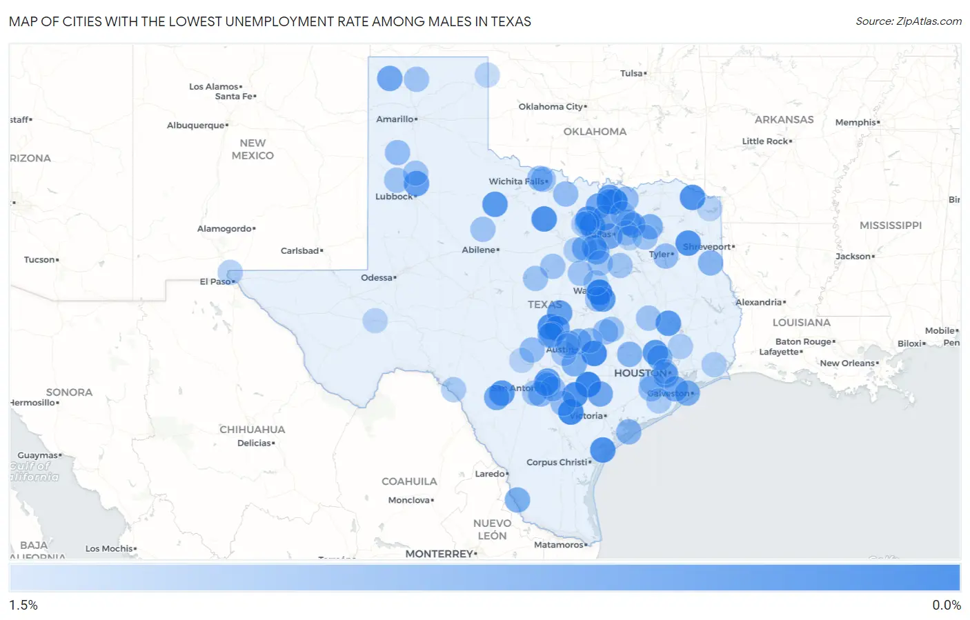 Cities with the Lowest Unemployment Rate Among Males in Texas Map