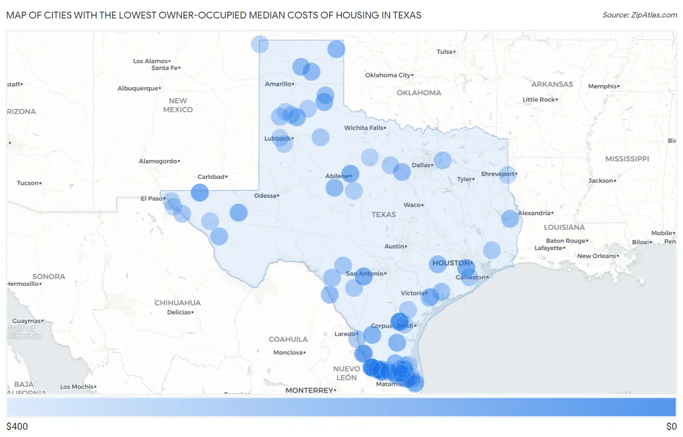Cities with the Lowest Owner-Occupied Median Costs of Housing in Texas Map