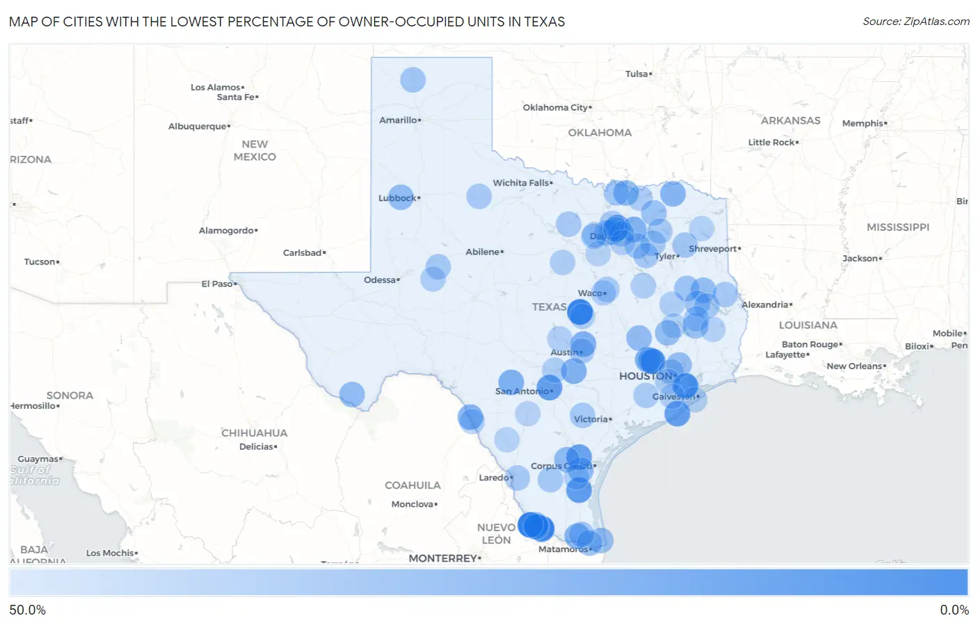Cities with the Lowest Percentage of Owner-Occupied Units in Texas Map