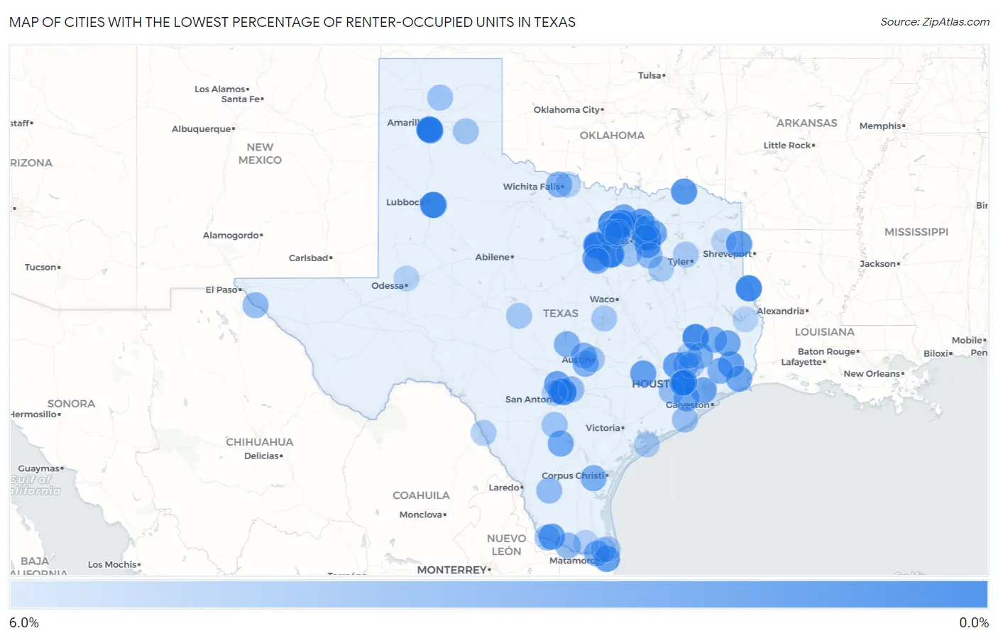 Cities with the Lowest Percentage of Renter-Occupied Units in Texas Map