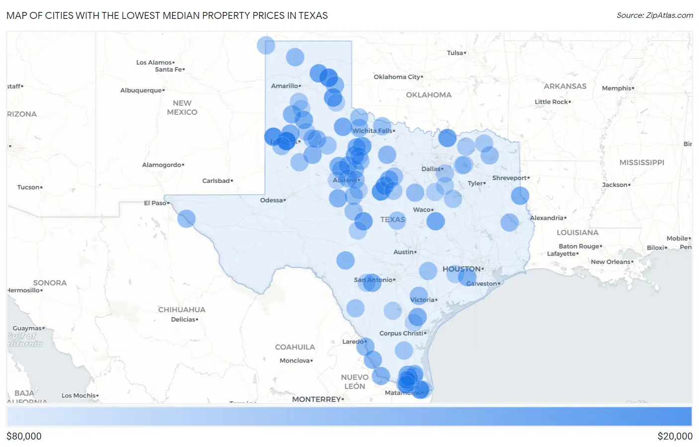 Cities with the Lowest Median Property Prices in Texas Map