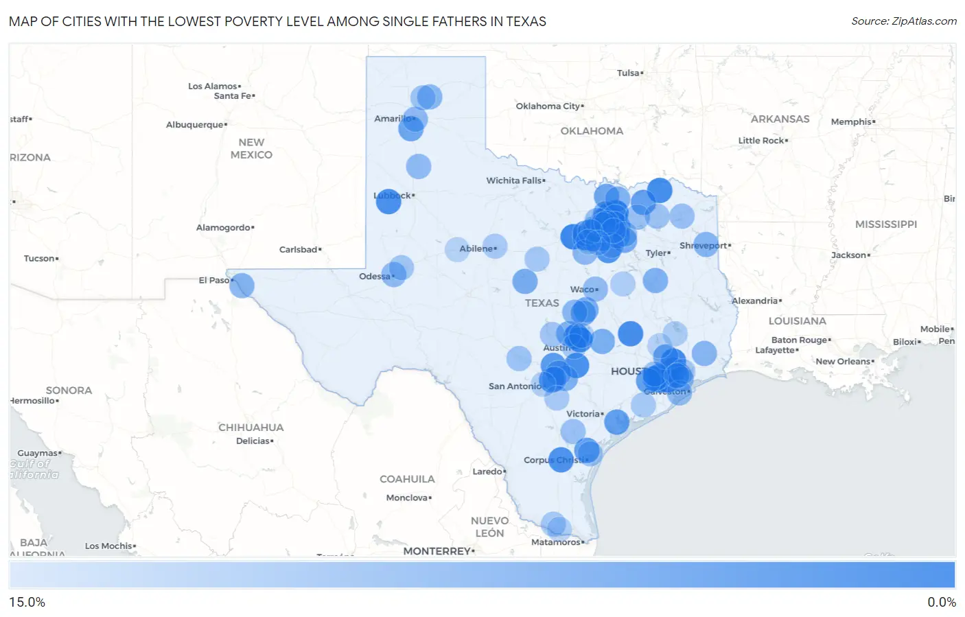 Cities with the Lowest Poverty Level Among Single Fathers in Texas Map