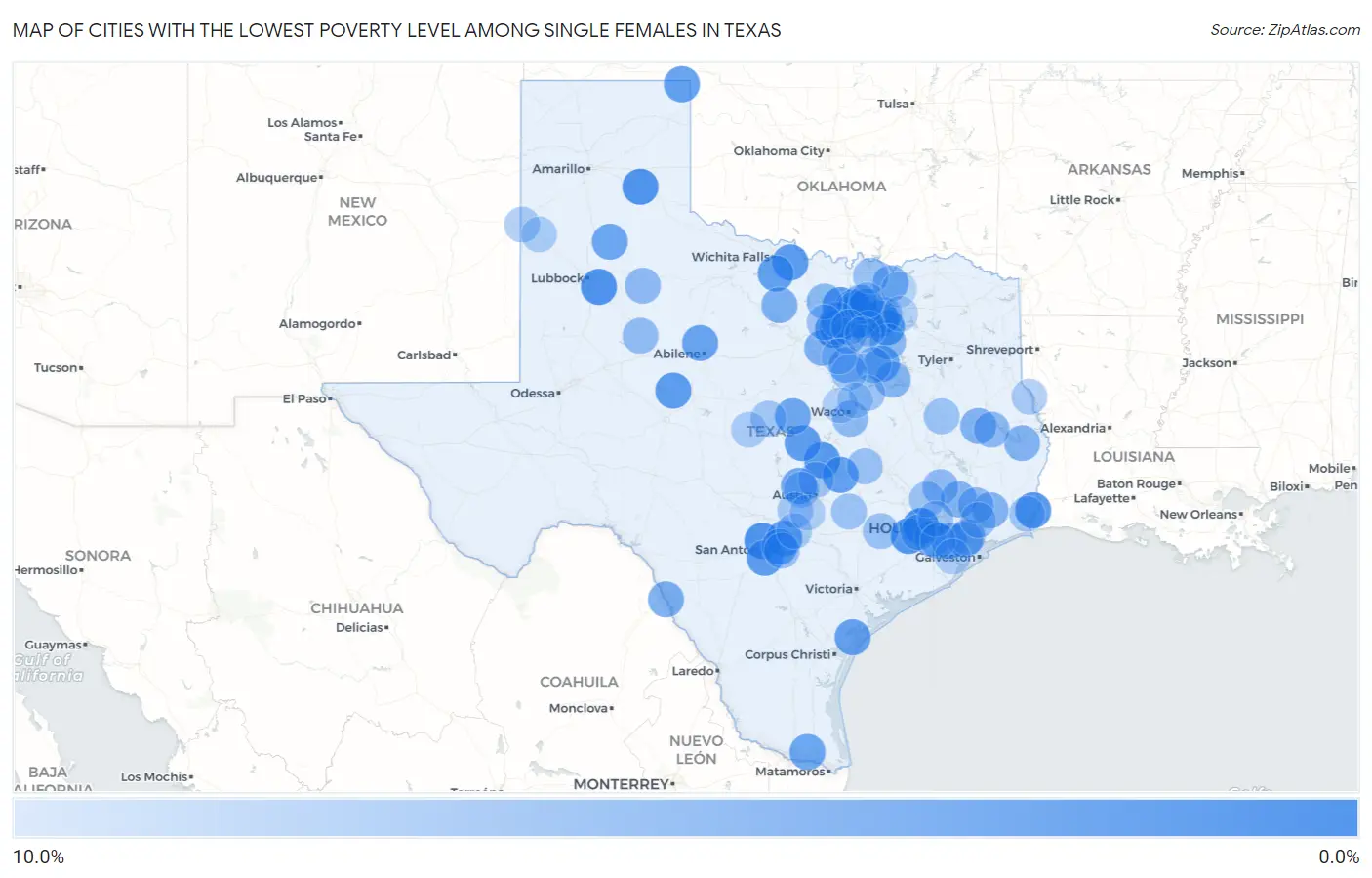 Cities with the Lowest Poverty Level Among Single Females in Texas Map