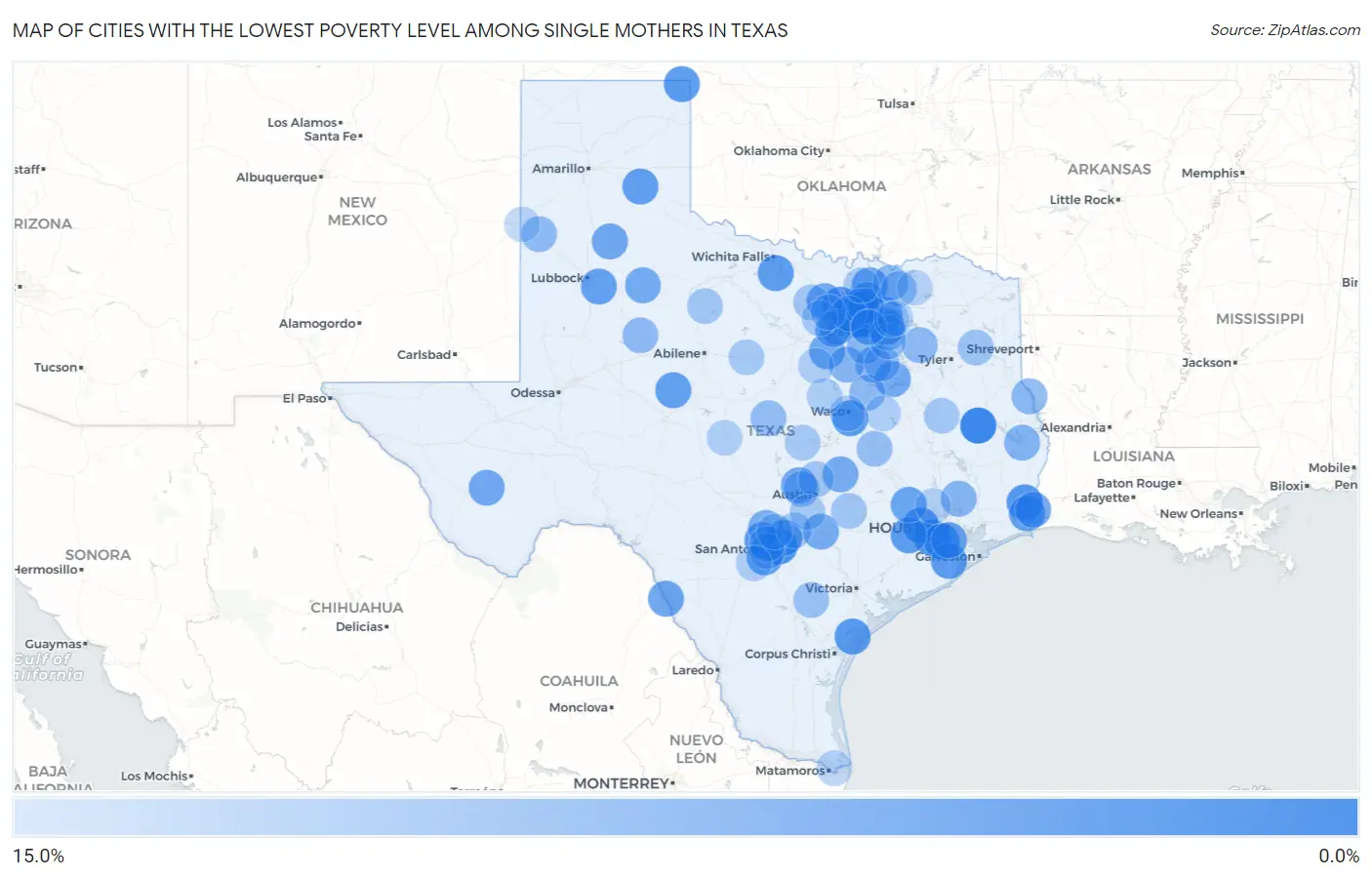 Cities with the Lowest Poverty Level Among Single Mothers in Texas Map