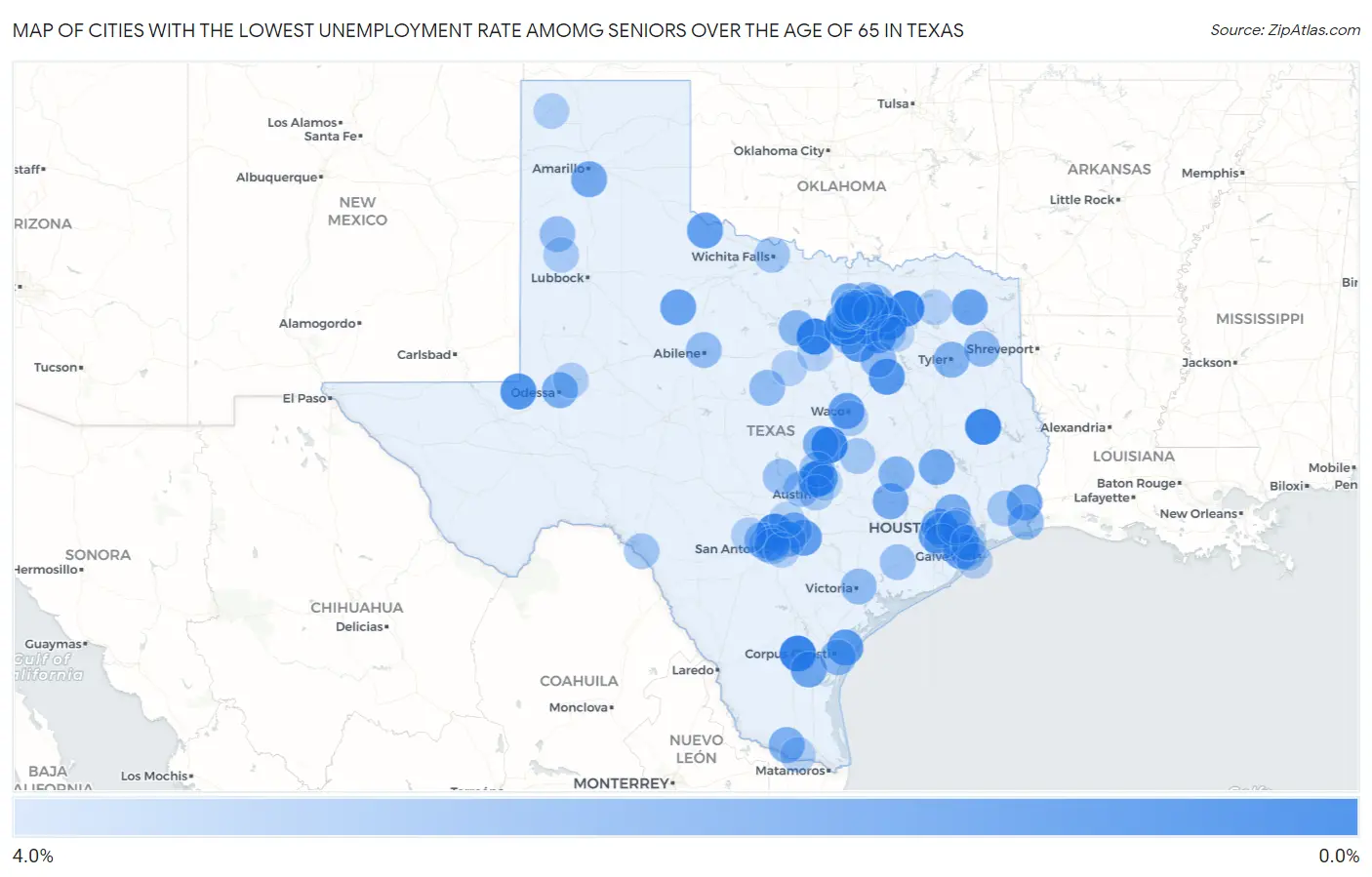 Cities with the Lowest Unemployment Rate Amomg Seniors Over the Age of 65 in Texas Map