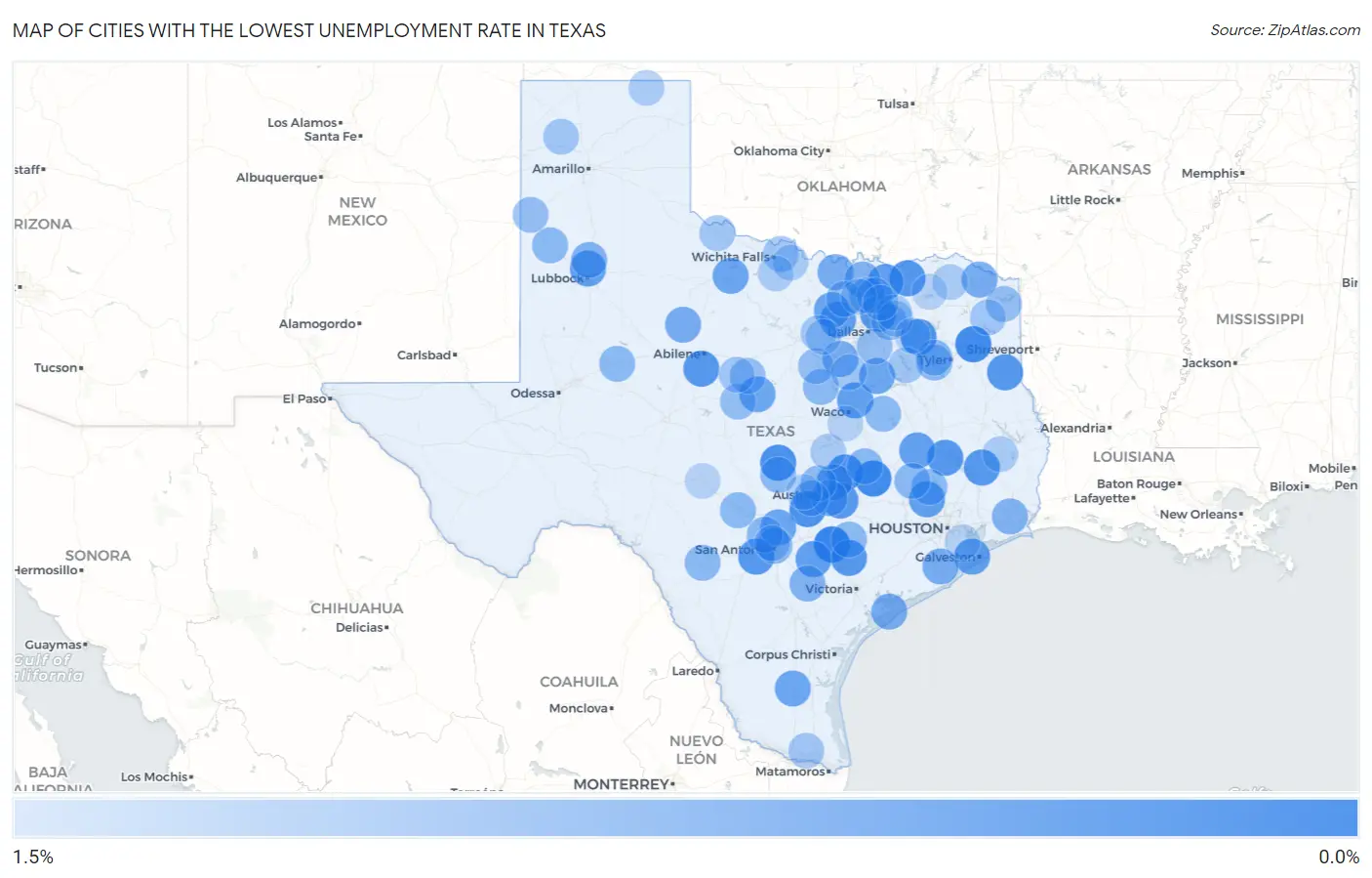 Cities with the Lowest Unemployment Rate in Texas Map