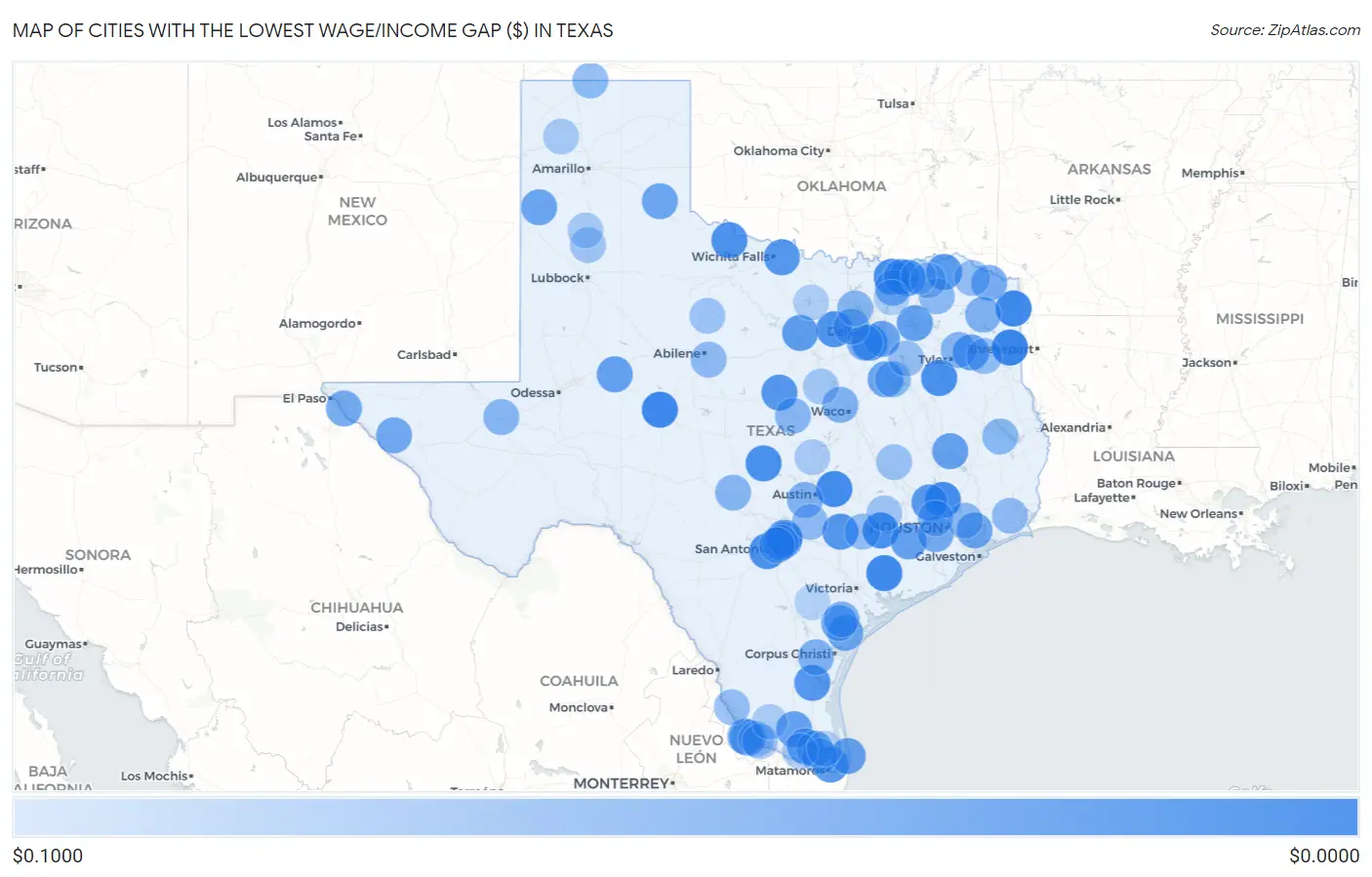 Cities with the Lowest Wage/Income Gap ($) in Texas Map