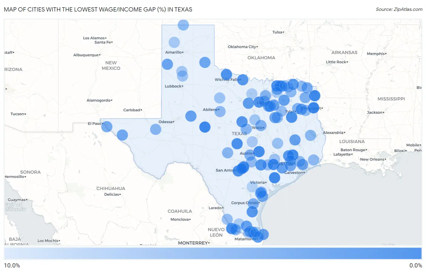 Cities with the Lowest Wage/Income Gap (%) in Texas Map