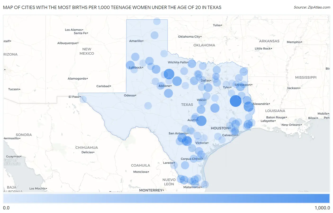 Cities with the Most Births per 1,000 Teenage Women Under the Age of 20 in Texas Map