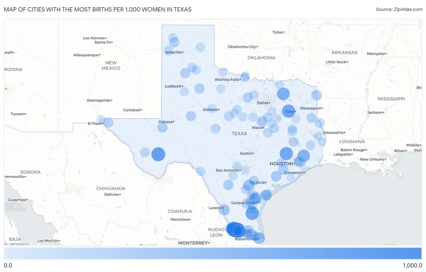 Cities with the Most Births per 1,000 Women in Texas Map