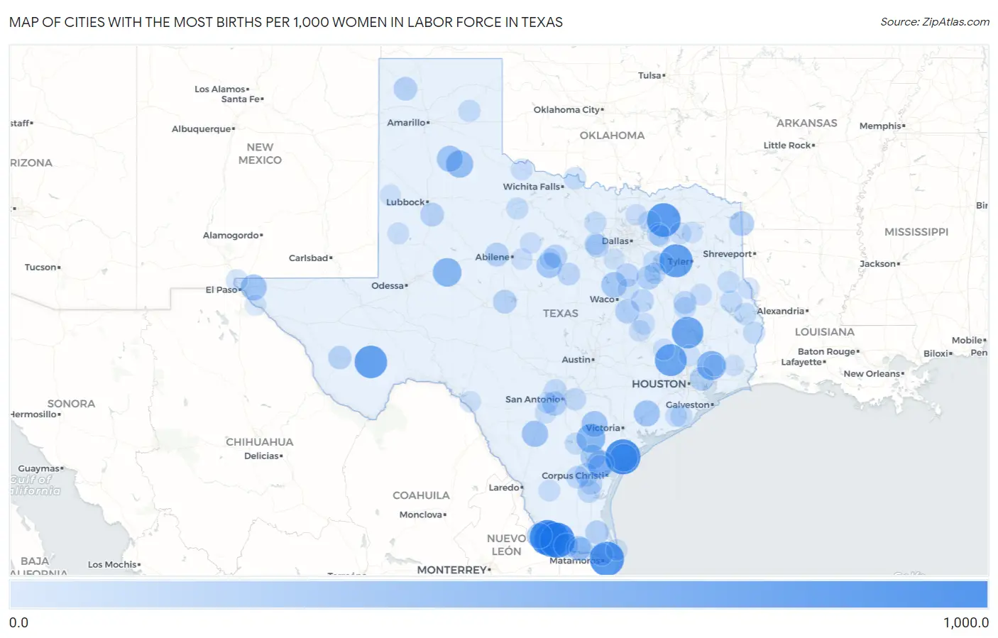 Cities with the Most Births per 1,000 Women in Labor Force in Texas Map