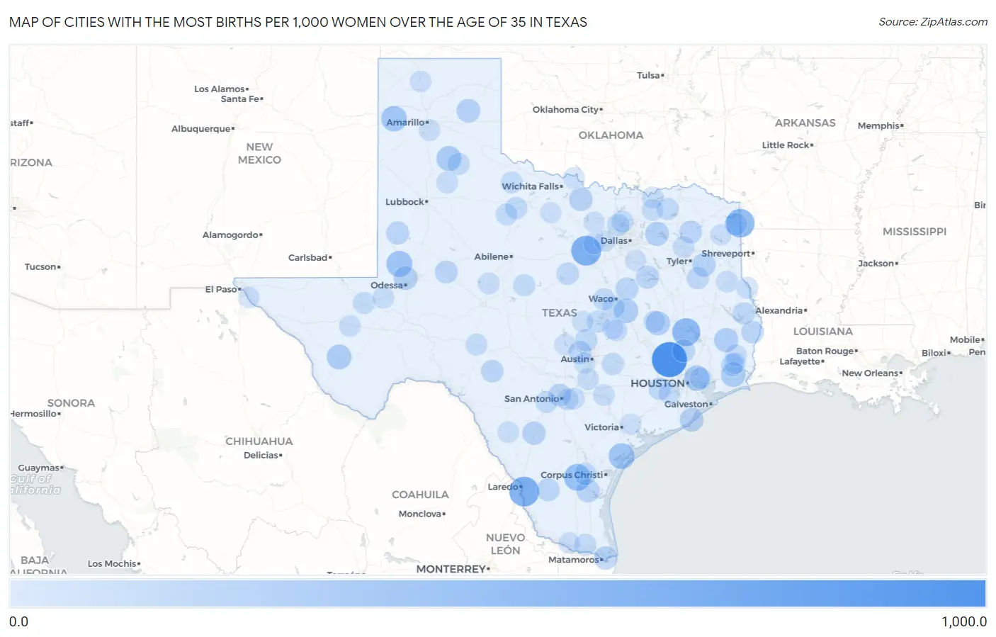 Cities with the Most Births per 1,000 Women Over the Age of 35 in Texas Map