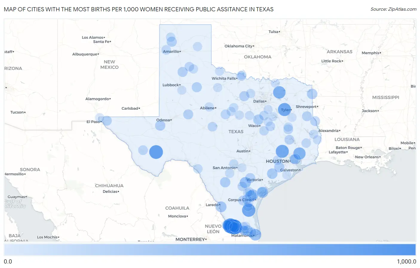 Cities with the Most Births per 1,000 Women Receiving Public Assitance in Texas Map