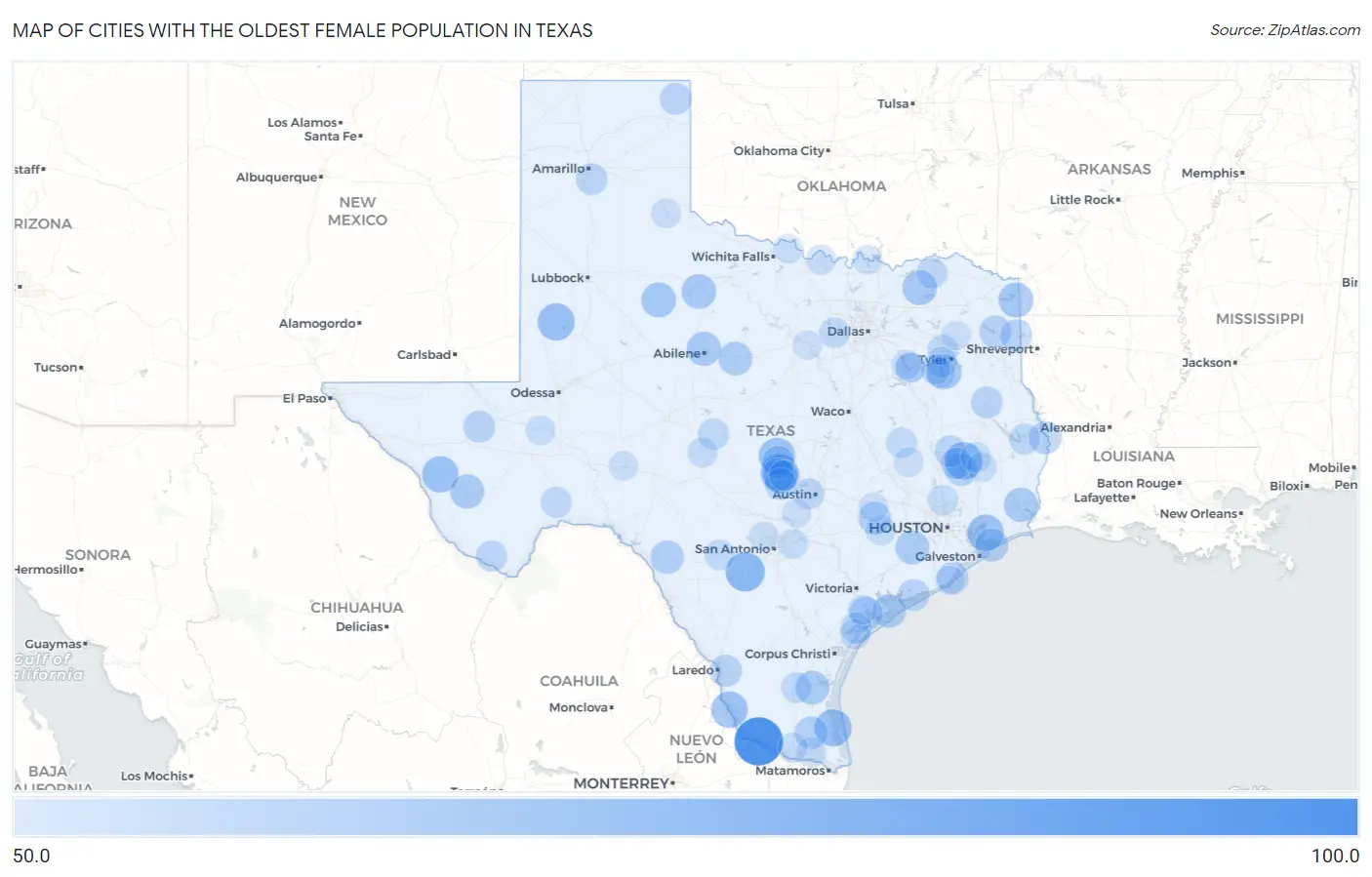 Cities with the Oldest Female Population in Texas Map