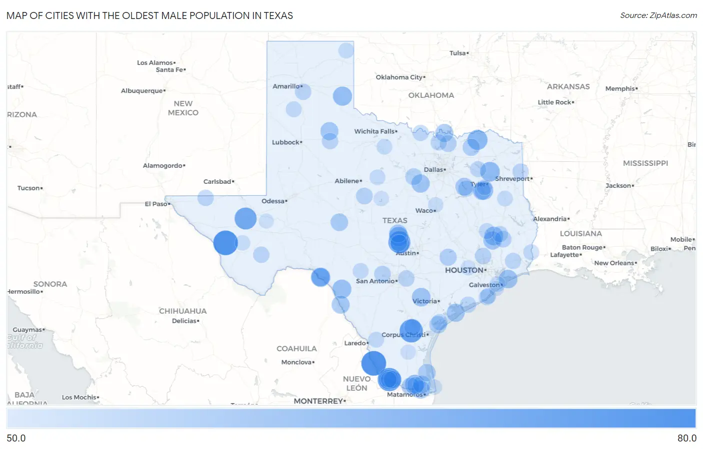 Cities with the Oldest Male Population in Texas Map
