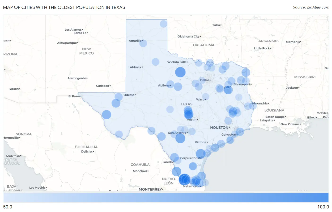Cities with the Oldest Population in Texas Map