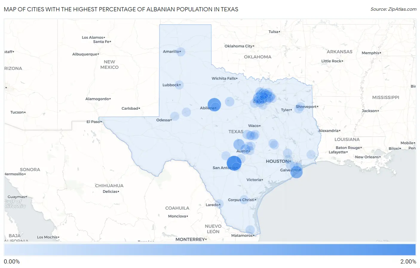 Cities with the Highest Percentage of Albanian Population in Texas Map
