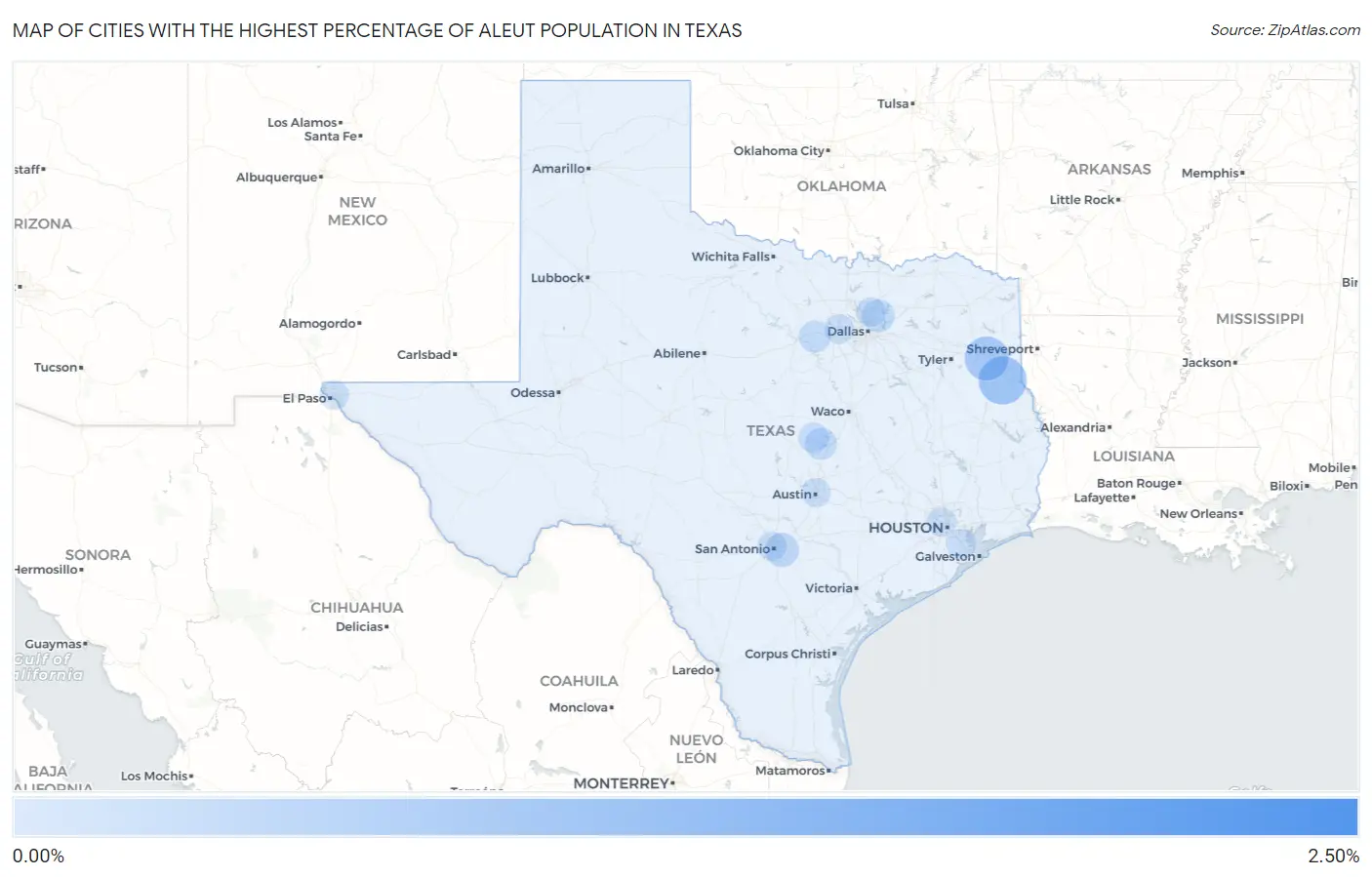 Cities with the Highest Percentage of Aleut Population in Texas Map