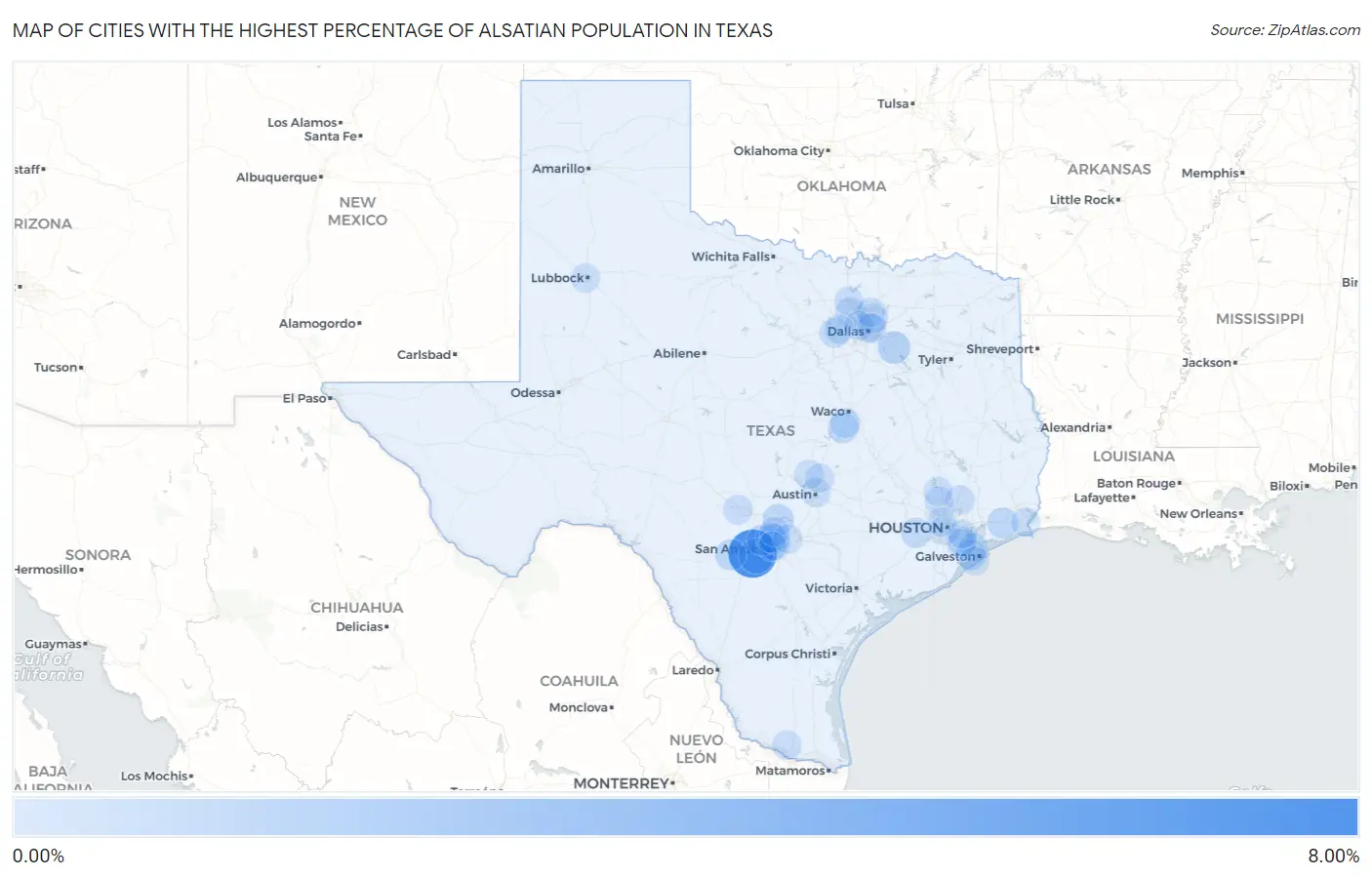 Cities with the Highest Percentage of Alsatian Population in Texas Map
