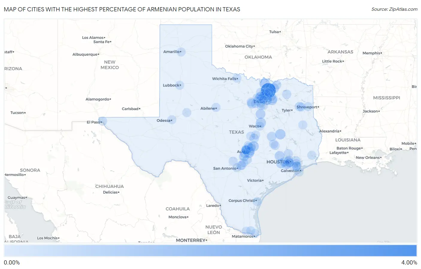 Cities with the Highest Percentage of Armenian Population in Texas Map