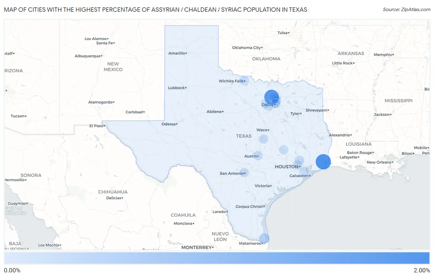 Cities with the Highest Percentage of Assyrian / Chaldean / Syriac Population in Texas Map
