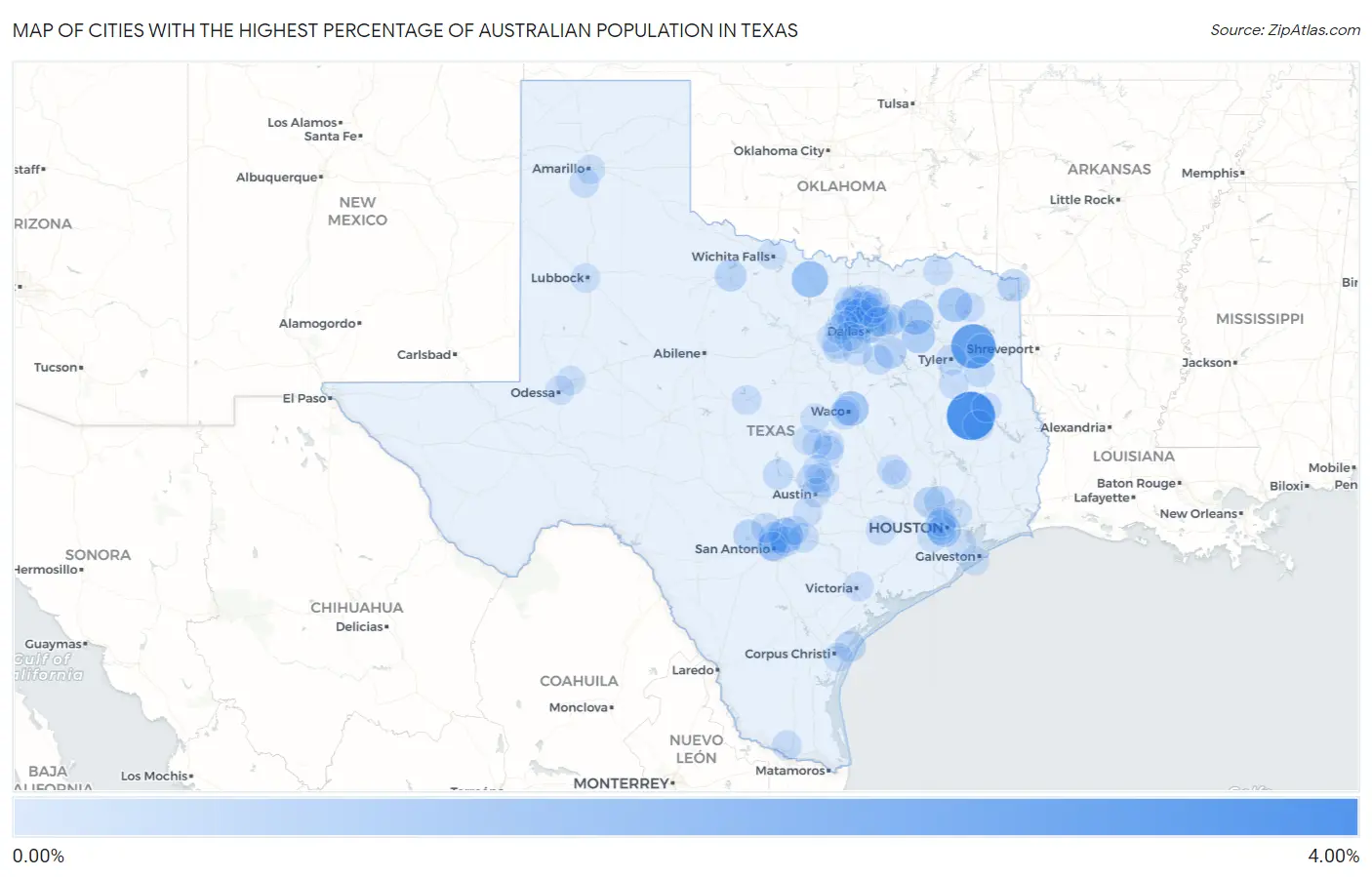 Cities with the Highest Percentage of Australian Population in Texas Map