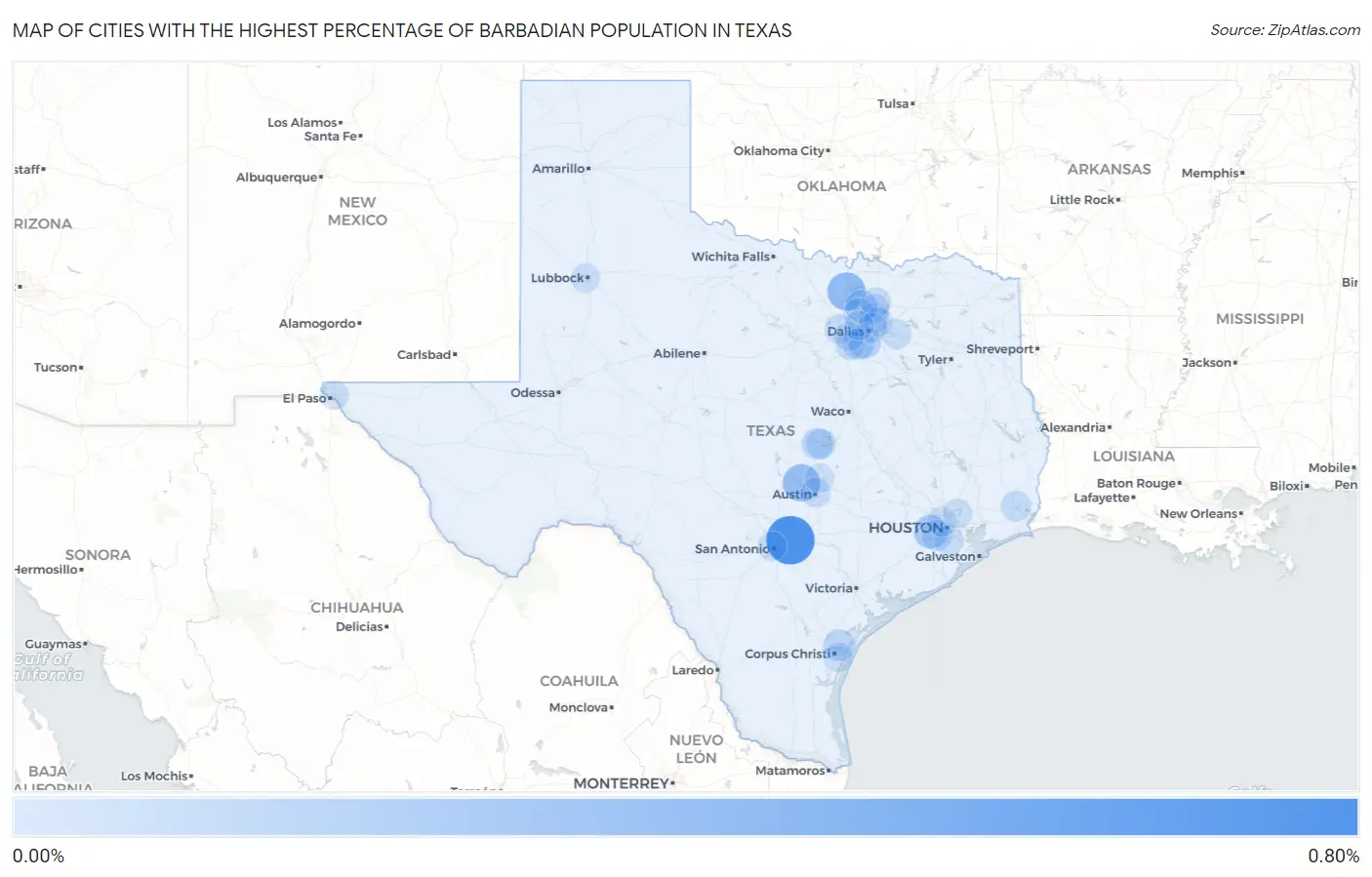 Cities with the Highest Percentage of Barbadian Population in Texas Map