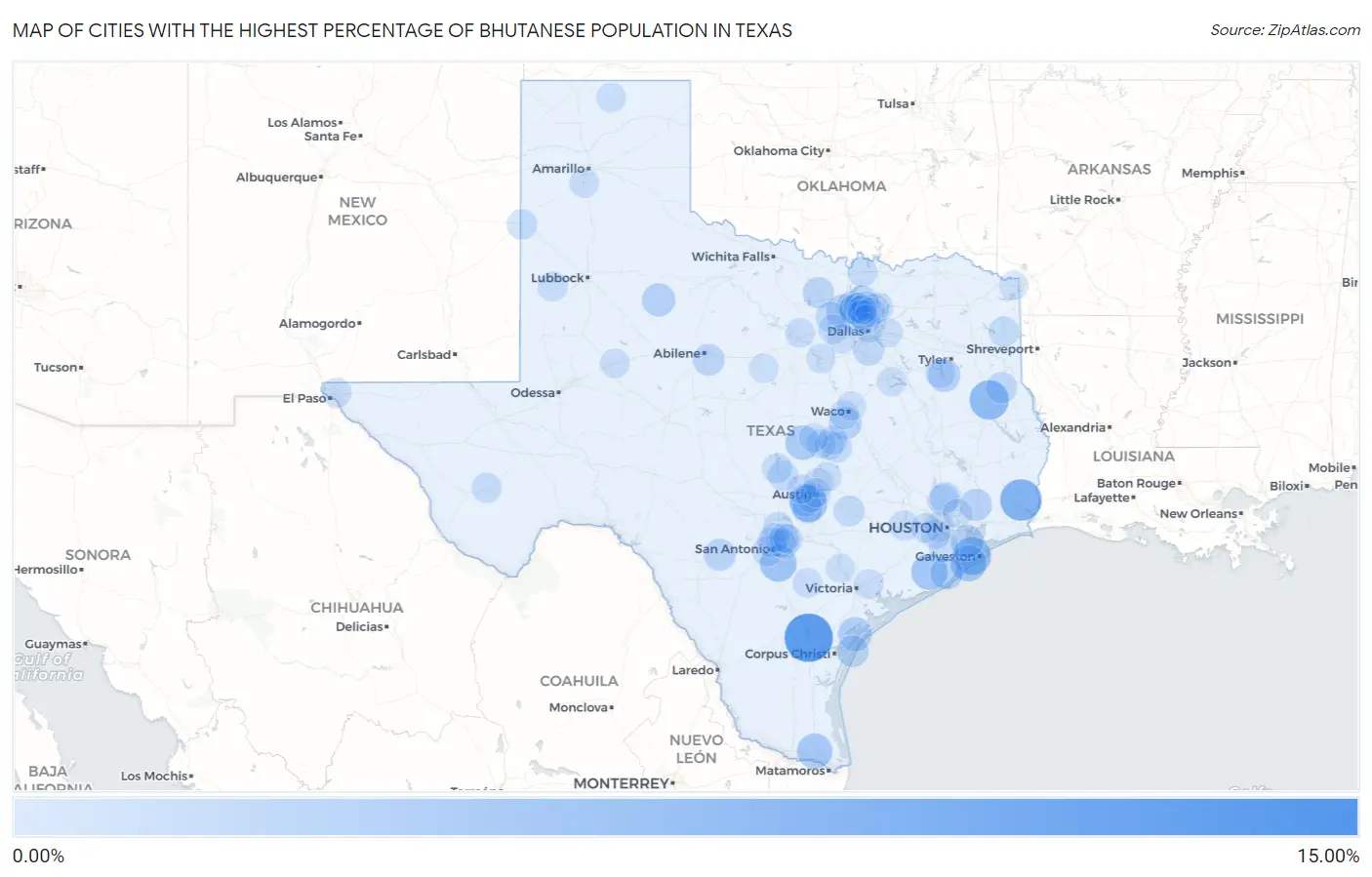 Cities with the Highest Percentage of Bhutanese Population in Texas Map