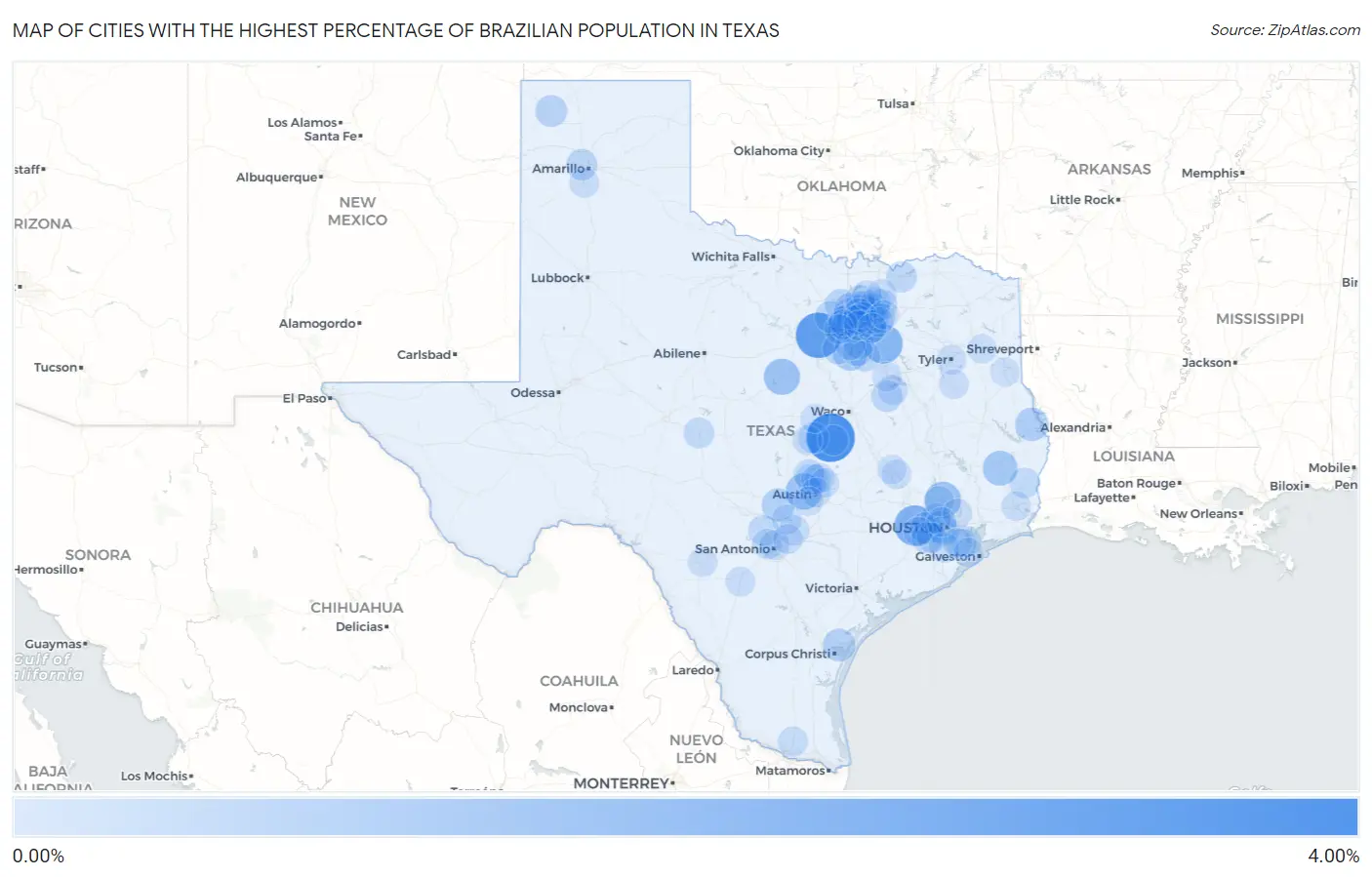 Cities with the Highest Percentage of Brazilian Population in Texas Map