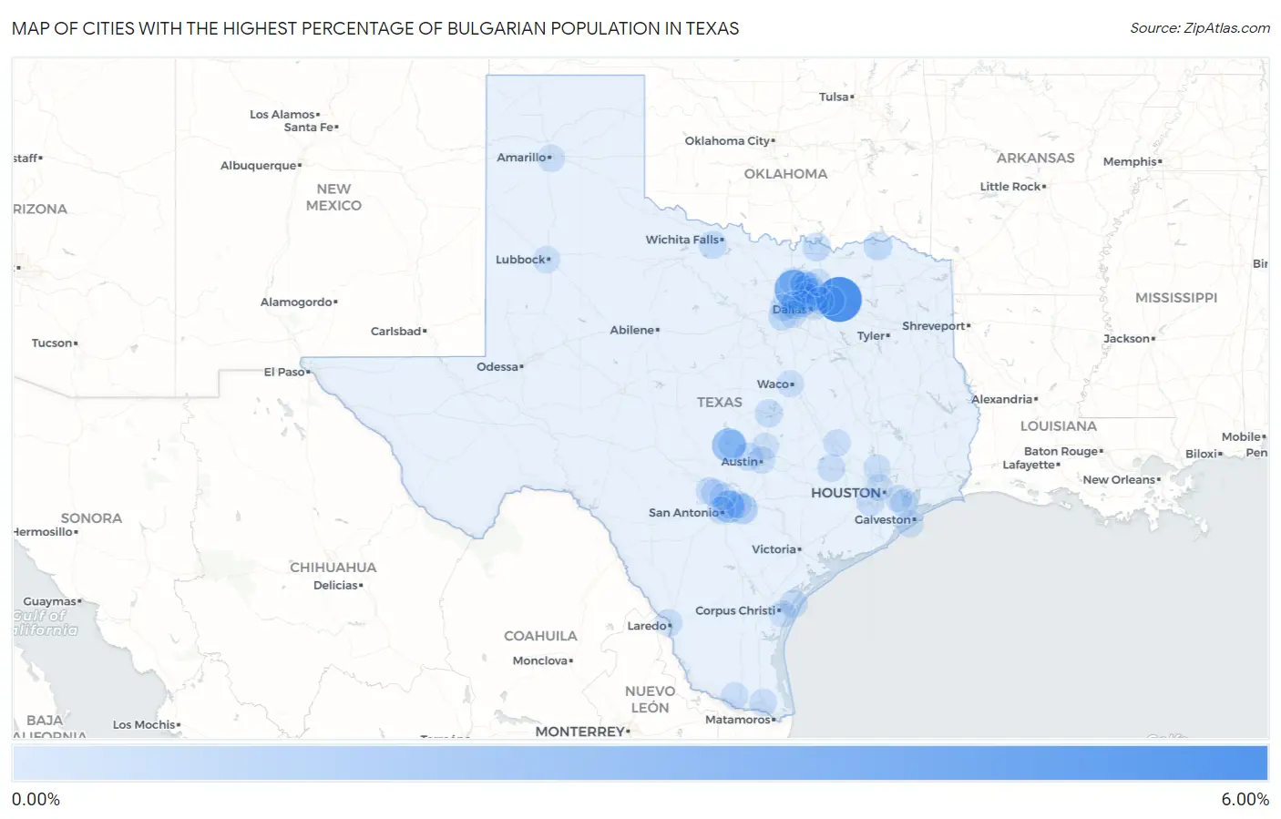 Cities with the Highest Percentage of Bulgarian Population in Texas Map
