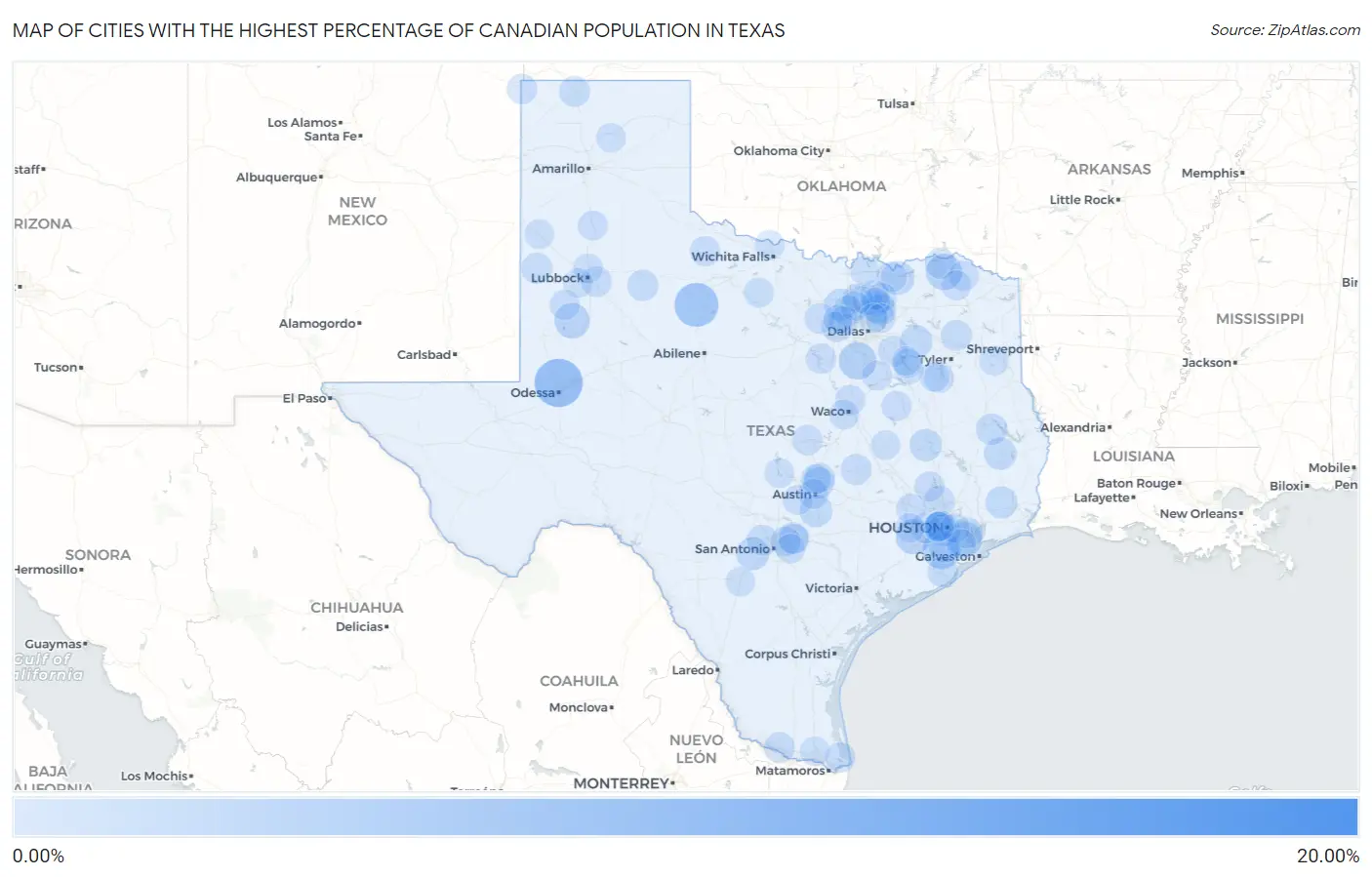 Cities with the Highest Percentage of Canadian Population in Texas Map