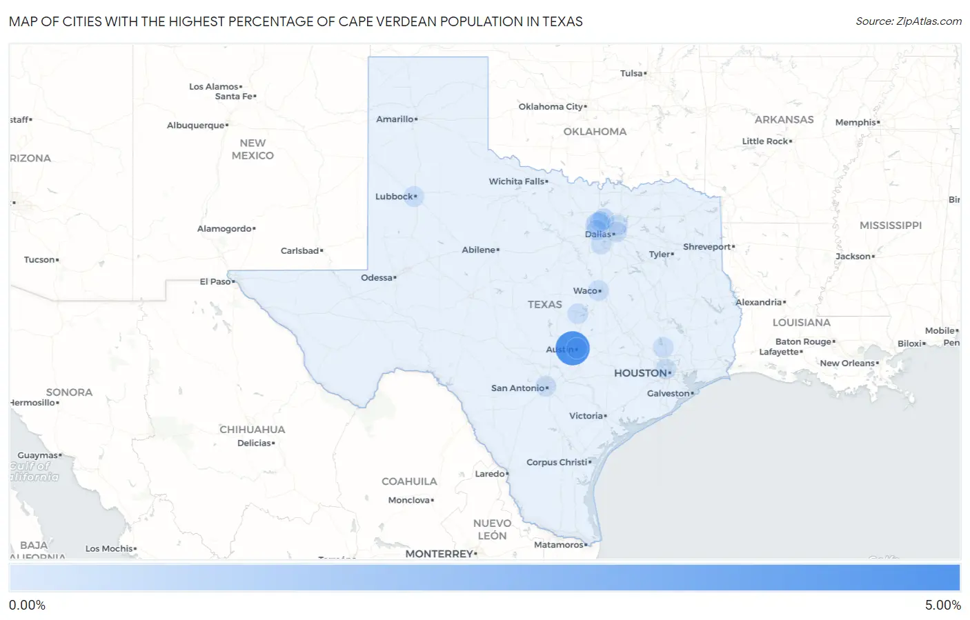 Cities with the Highest Percentage of Cape Verdean Population in Texas Map