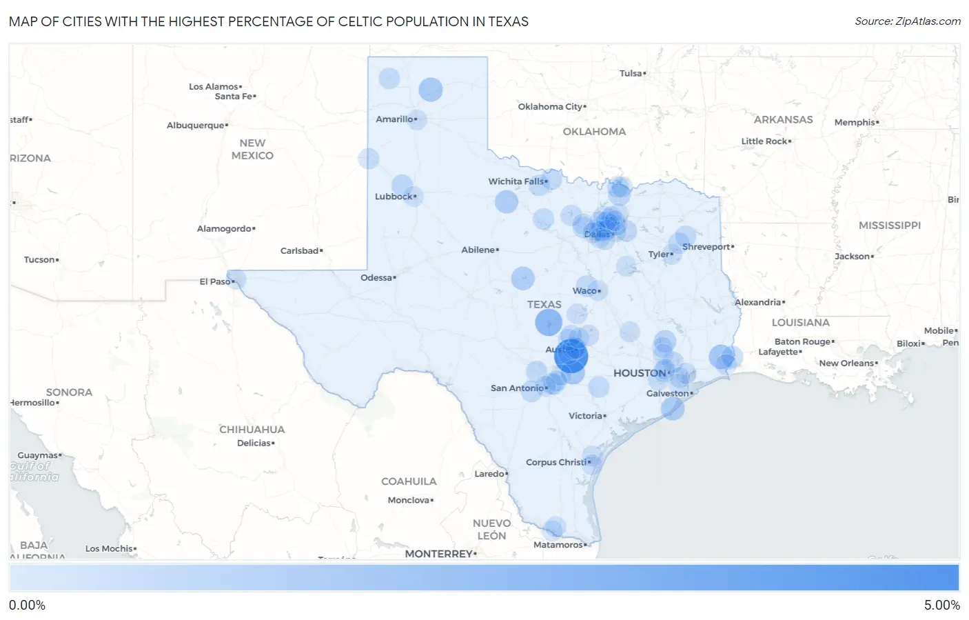 Cities with the Highest Percentage of Celtic Population in Texas Map