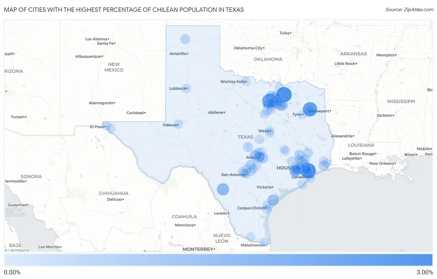Cities with the Highest Percentage of Chilean Population in Texas Map