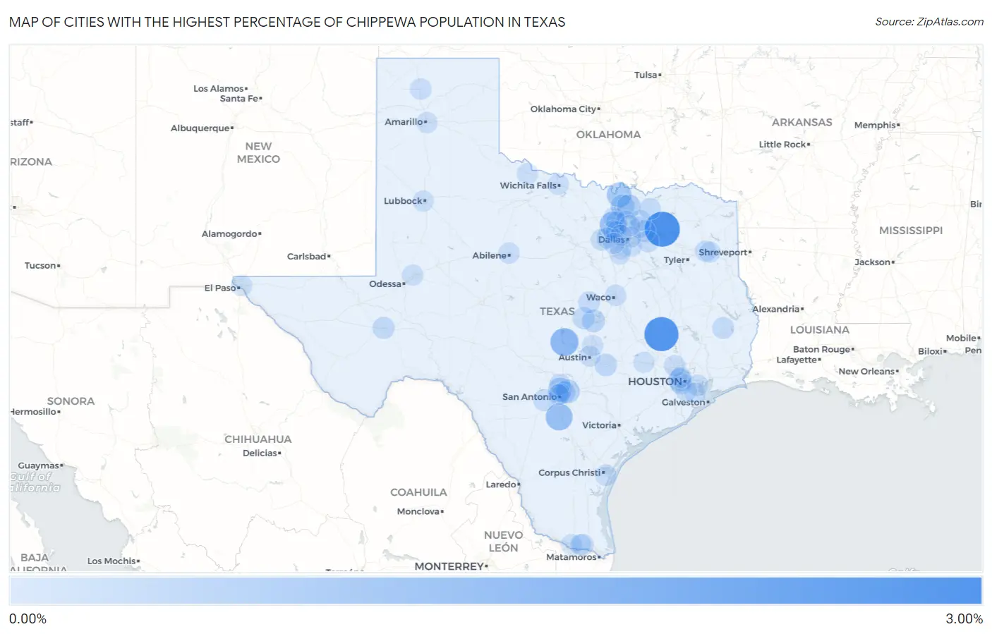 Cities with the Highest Percentage of Chippewa Population in Texas Map