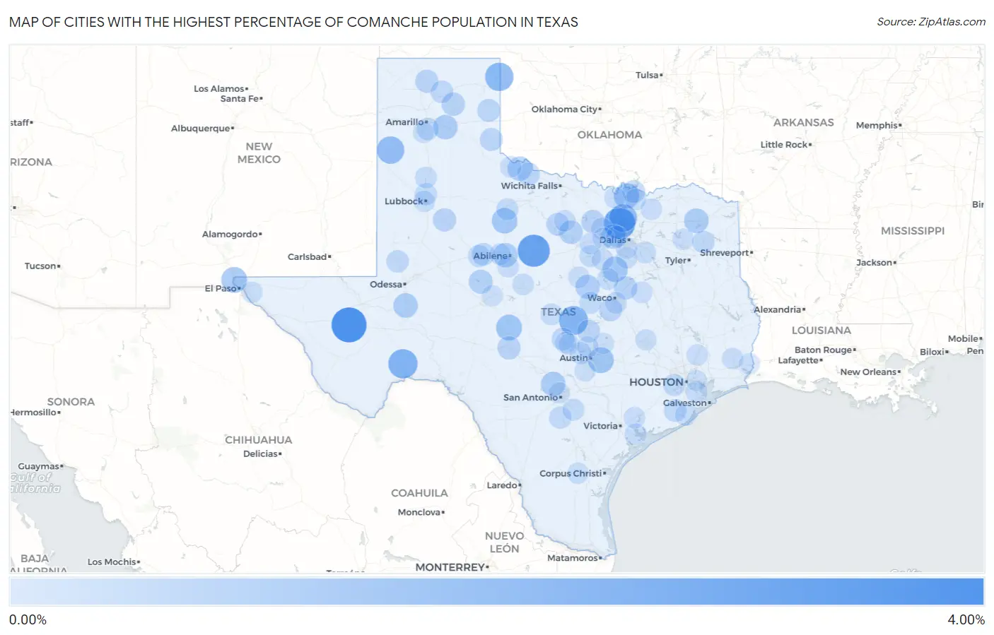 Cities with the Highest Percentage of Comanche Population in Texas Map