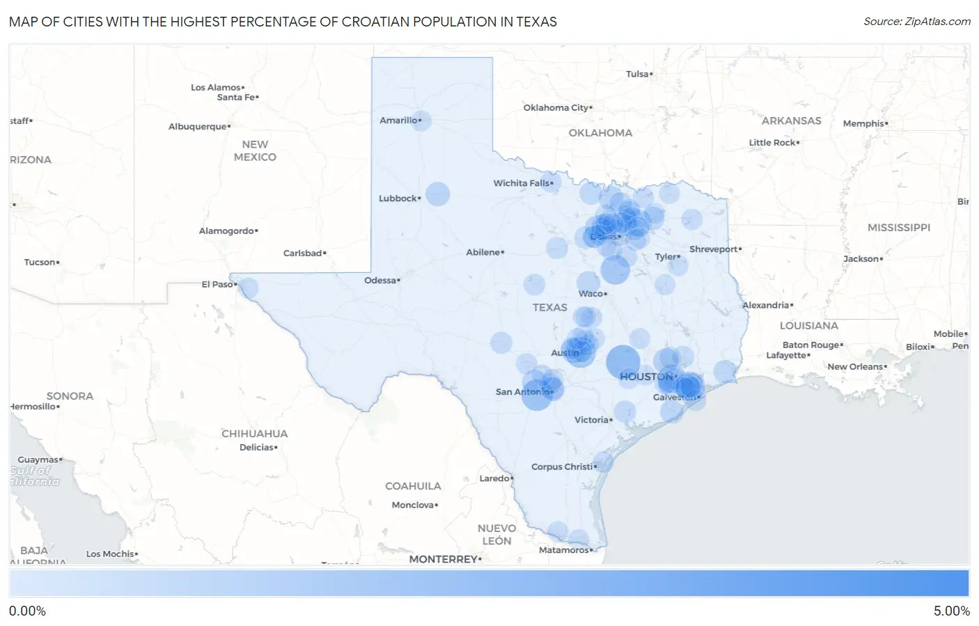 Cities with the Highest Percentage of Croatian Population in Texas Map