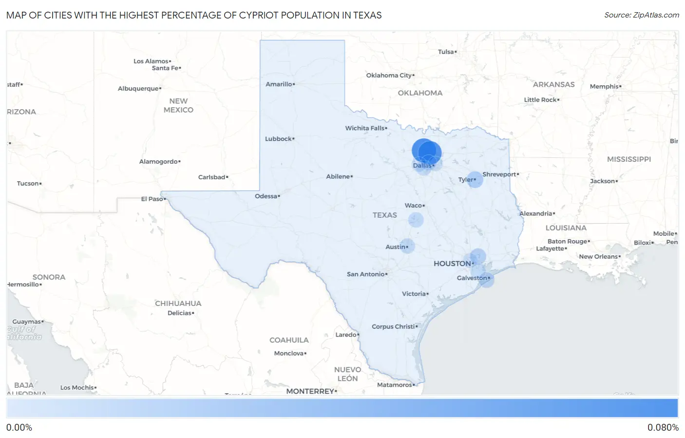 Cities with the Highest Percentage of Cypriot Population in Texas Map