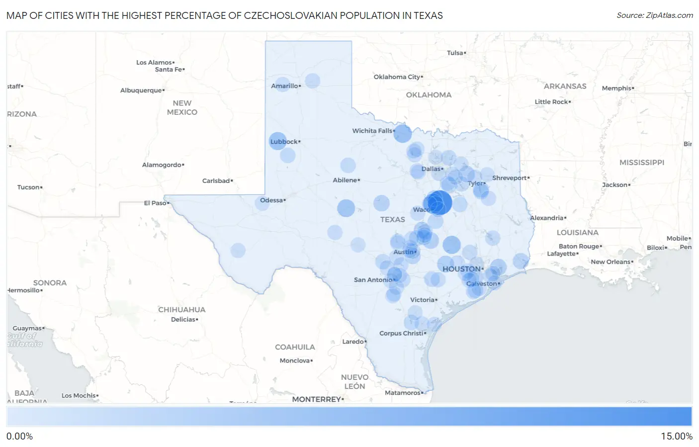 Cities with the Highest Percentage of Czechoslovakian Population in Texas Map