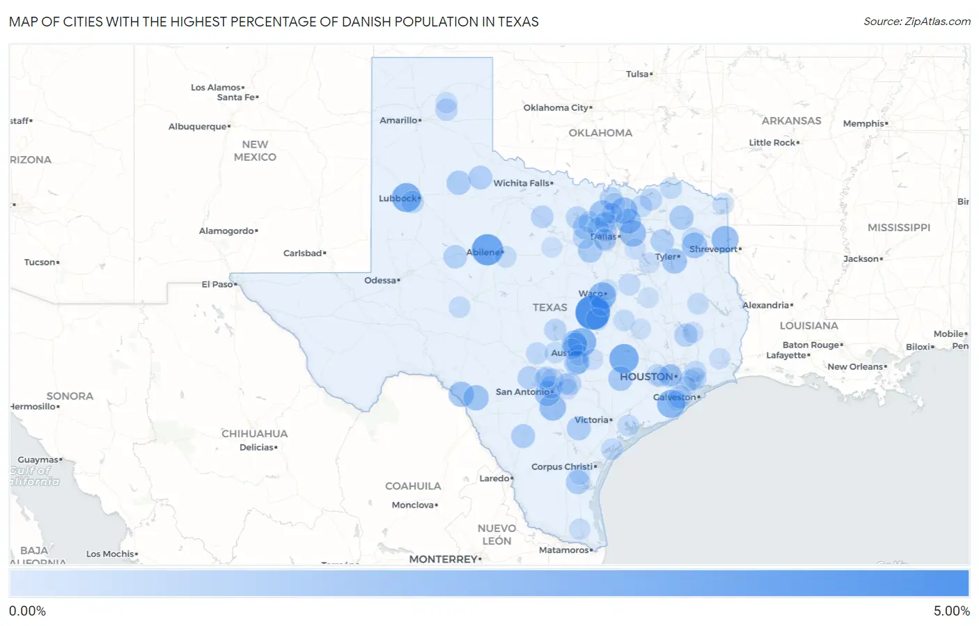 Cities with the Highest Percentage of Danish Population in Texas Map