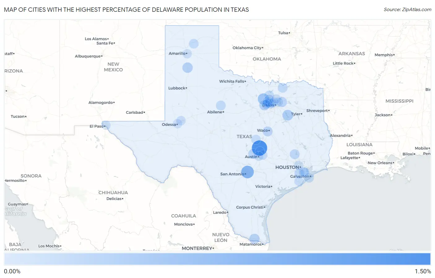 Cities with the Highest Percentage of Delaware Population in Texas Map