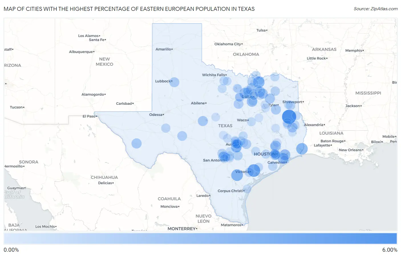 Cities with the Highest Percentage of Eastern European Population in Texas Map