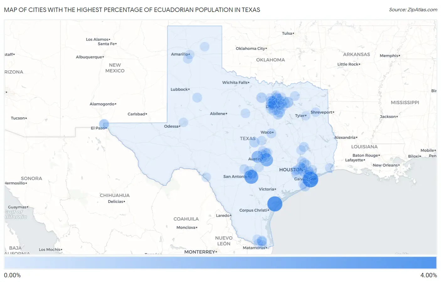Cities with the Highest Percentage of Ecuadorian Population in Texas Map