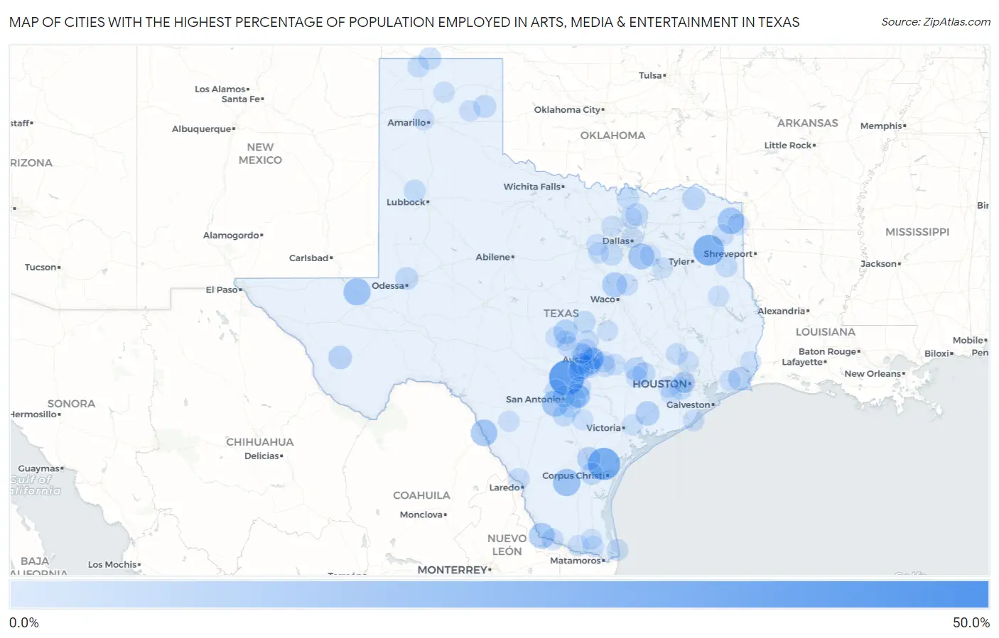Cities with the Highest Percentage of Population Employed in Arts, Media & Entertainment in Texas Map
