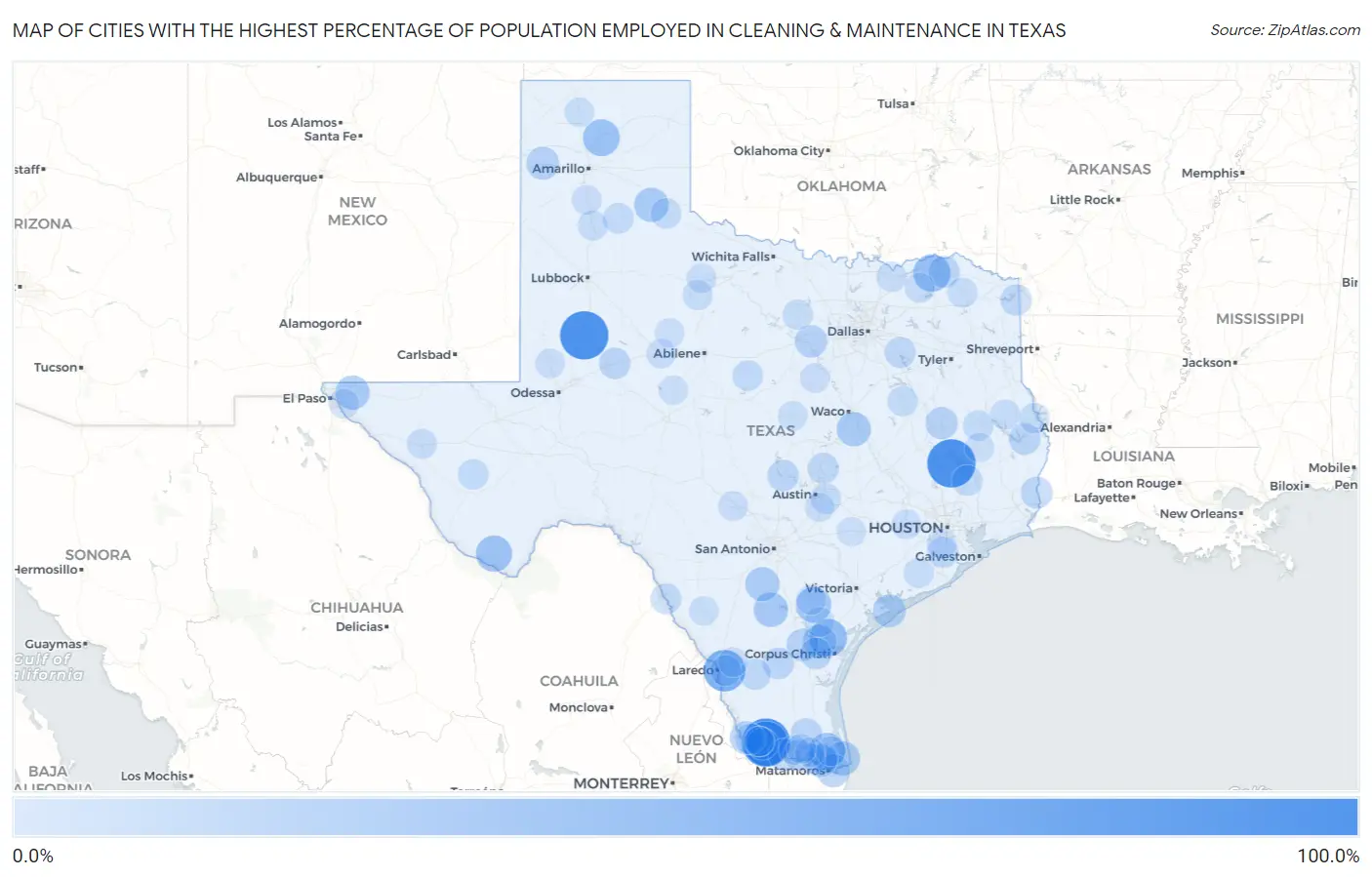 Cities with the Highest Percentage of Population Employed in Cleaning & Maintenance in Texas Map
