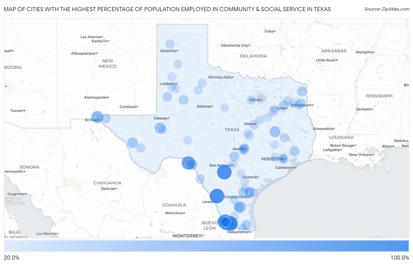 Cities with the Highest Percentage of Population Employed in Community & Social Service  in Texas Map