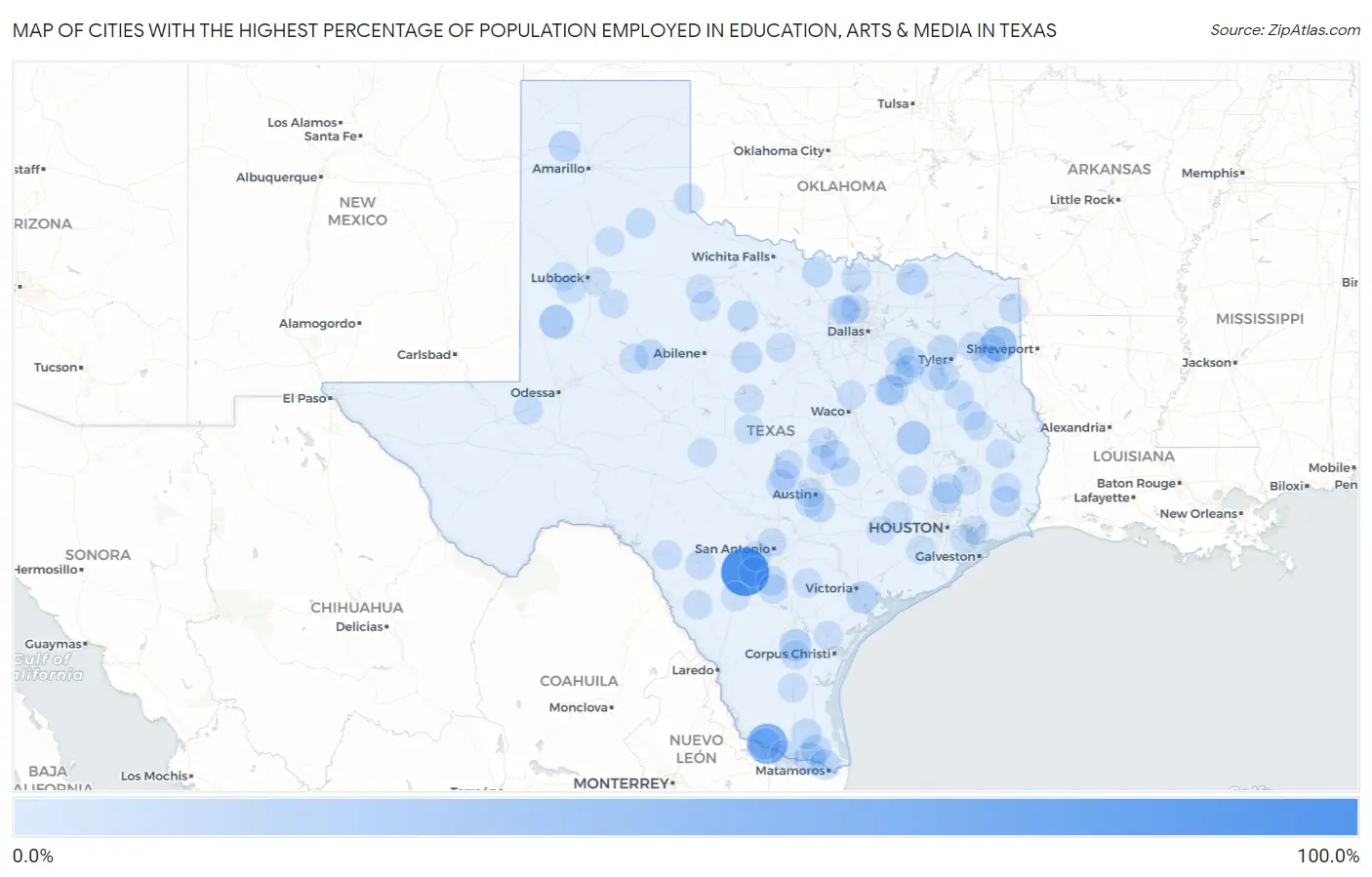 Cities with the Highest Percentage of Population Employed in Education, Arts & Media in Texas Map