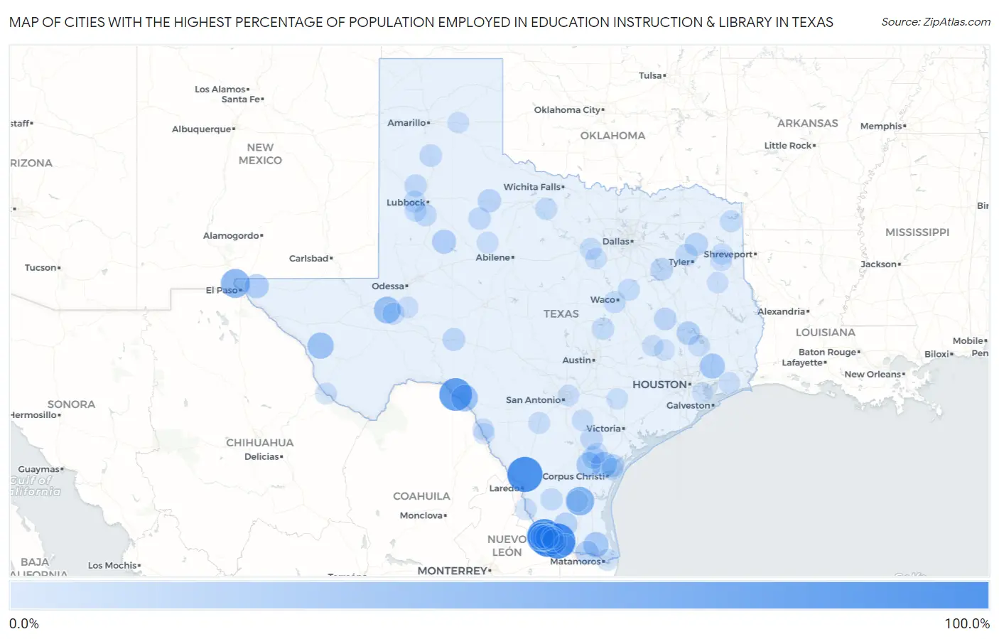 Cities with the Highest Percentage of Population Employed in Education Instruction & Library in Texas Map