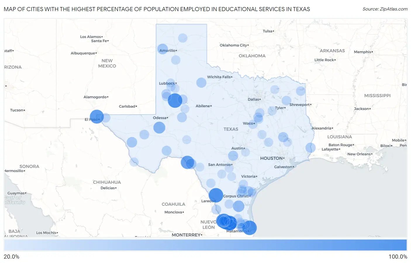 Cities with the Highest Percentage of Population Employed in Educational Services in Texas Map