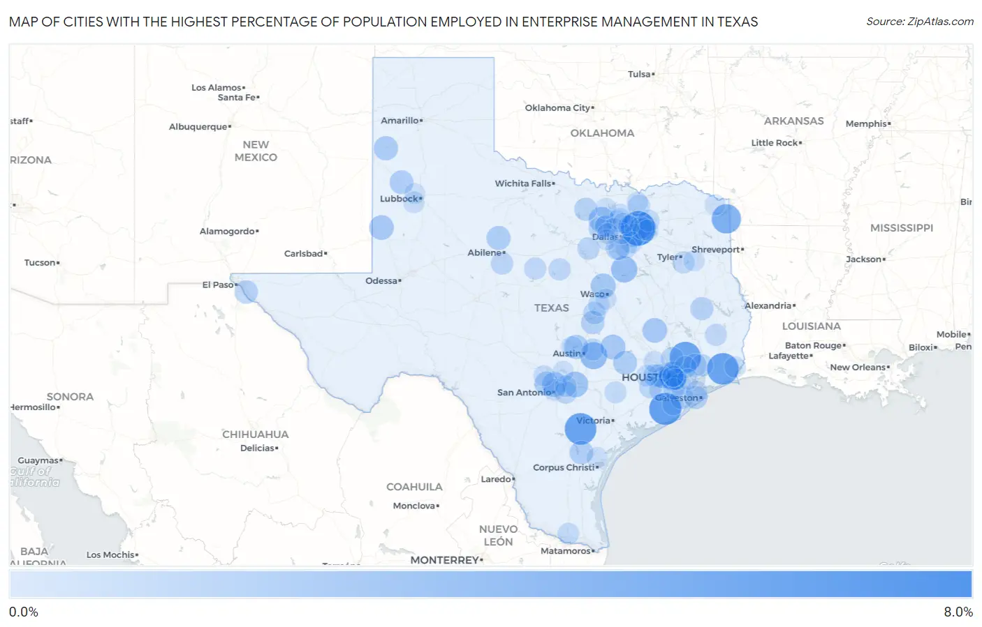 Cities with the Highest Percentage of Population Employed in Enterprise Management in Texas Map